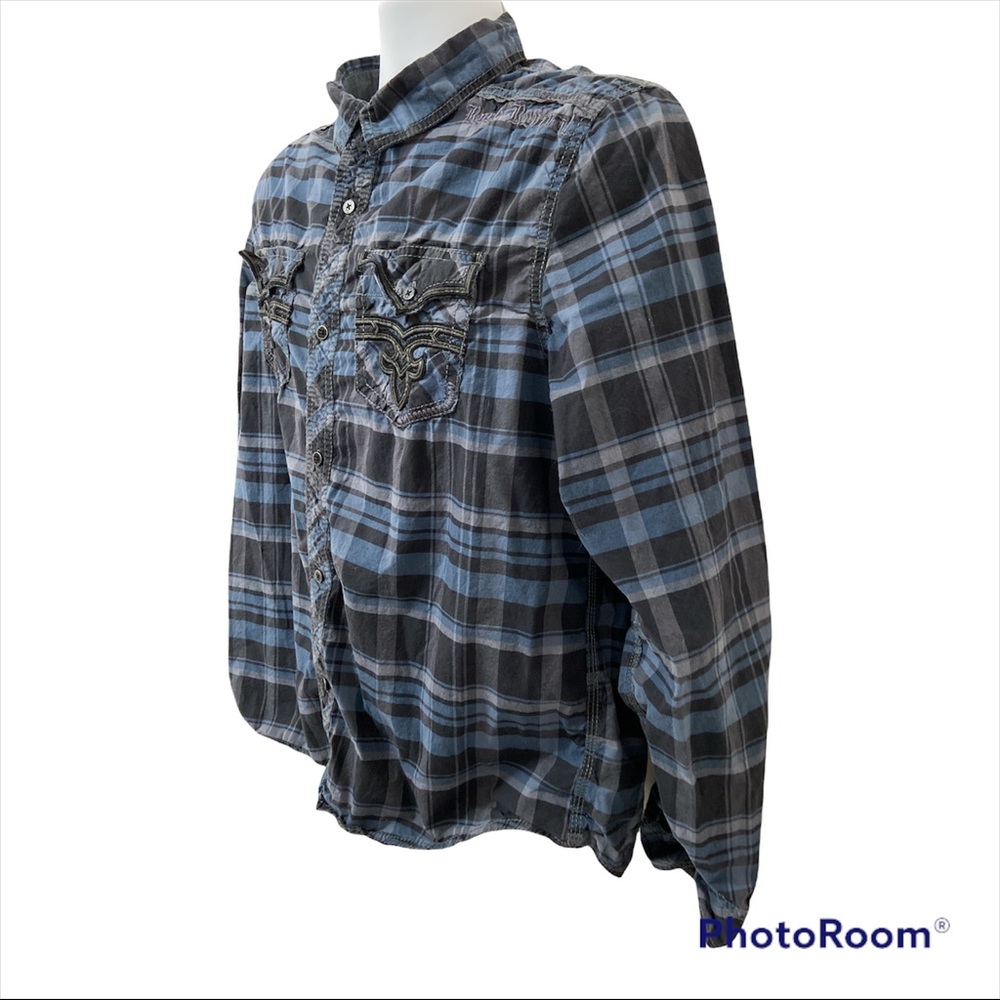 Rock Revival L Mens Blue Black Plaid Long Sleeve Pockets Button Up Shirt